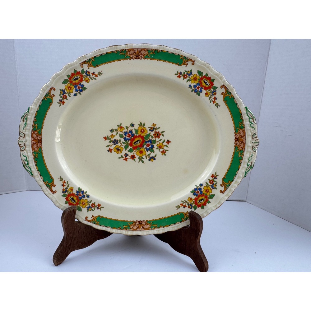 Grindley England Vintage Oval Serving Platter Floral Green Gold Scalloped 11.5"
